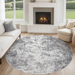 6ft Round Area Rug Living Room Rugs - 6x6 Washable Neutral Modern Abstract Soft Thin Rug Indoor Floor No Slip Rug Carpet for Bedroom Under Dining Table Home Office Decor - Grey