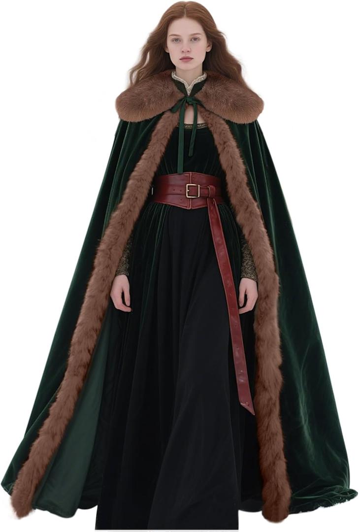 L'VOW Viking Fur Cloak Renaissance Fur Cape Velvet Cloak Medieval Cosplay Costume Women Men (Dark Green)