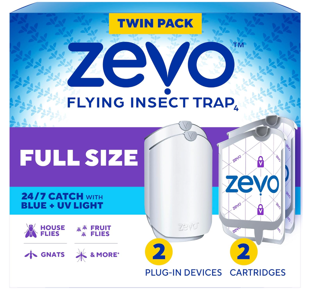 Zevo 2 Flying Insect Traps & 2 Refill Cartridges - Plug in Fly Trap & Indoor Bug Catcher for Gnats, House & Fruit Flies - Blue & UV Light Technology, Mess-Free Alternative to Bug Zapper