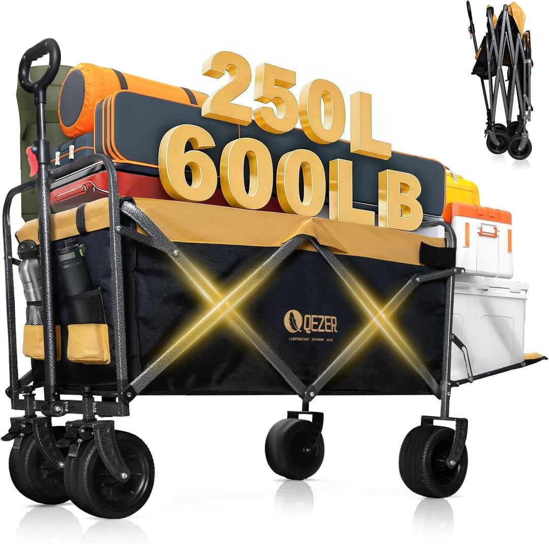  56" Large Collapsible Folding Wagon with Tailgate and Brake, 600LBS Heavy Duty Utility Cart, 250L Large All-Terrain Beach Wagon for Camping Garden Shopping Grocery Sports