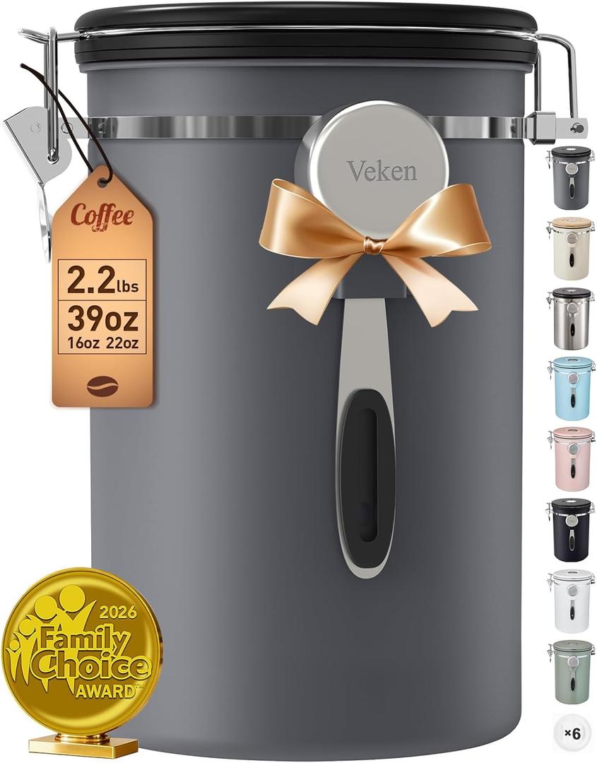 Veken Coffee Canister, 39OZ Large, Airtight Stainless Steel Food Storage Container for 2.2lbs Coffee Beans,Ground, Sugar,Espresso,Rice,Tea,Flour, Cereal,Home Kitchen Pantry Bar Accessories, Gifts,Gray