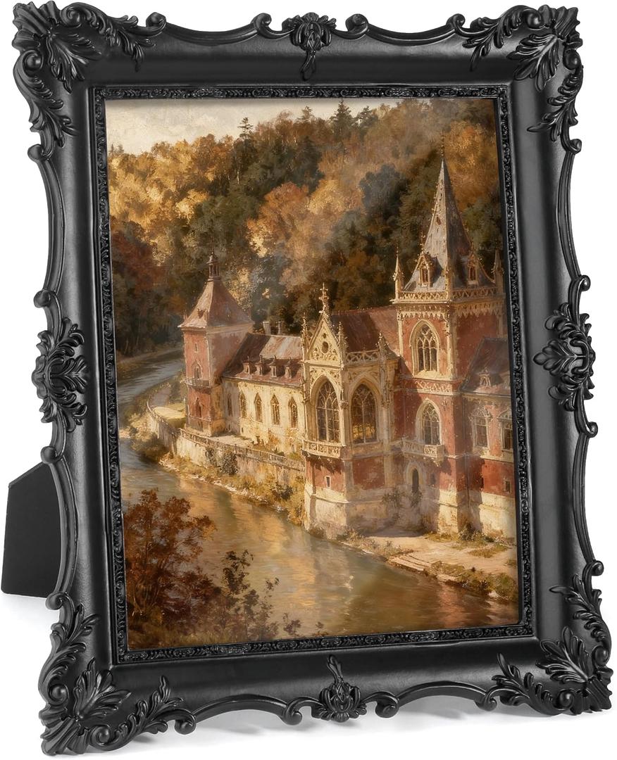 Vintage Picture Frame with Embossed Flower Design, Ornate Photo Frame, Hand-Crafted Resin Antique Frames for Tabletop & Wall Hanging, Home Decor (Black, 8x10 inch)