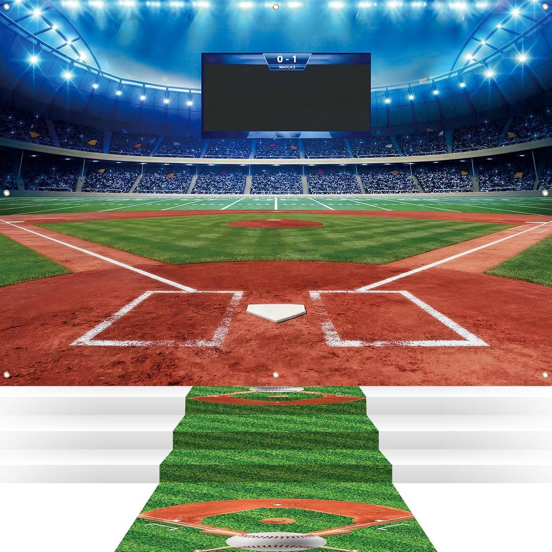 Hahafelt 2 Pcs Baseball Party Decoration Set 80'' x 60'' Baseball Field Backdrop 10 ft Ball Floor Runners Sports Themed Birthday Party Background Ball Field Rug Sports Wall Photo Prop Sign Lawn Supply