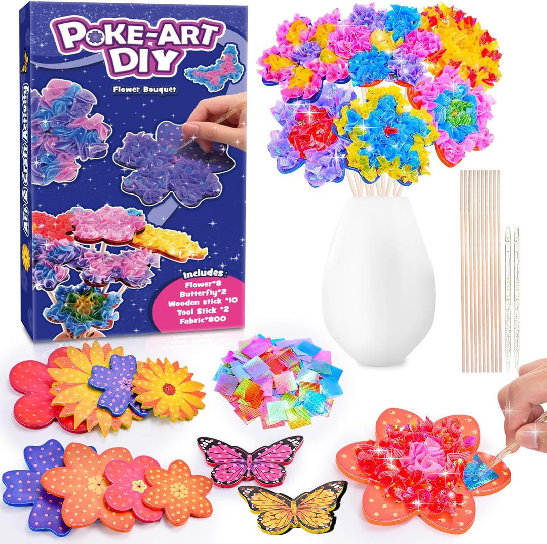 MDINGTD Toys for 4 5 6 7 8+ Year Old Girls, Poke Art Flower Bouquet with 8 Flowers & 2 Butterflies Arts and Crafts for Girls Ages 4-8 DIY Creative Activity Birthday Valentine Gifts Craft Kits