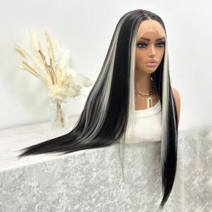 White Highlights Straight 134 Lace Front Wig Black And White Lace Front Wig Heat-Resistant Synthetic Fiber With 180% Density Pre-Plucked Hairline For Women Daily Party Use(24 Inch)