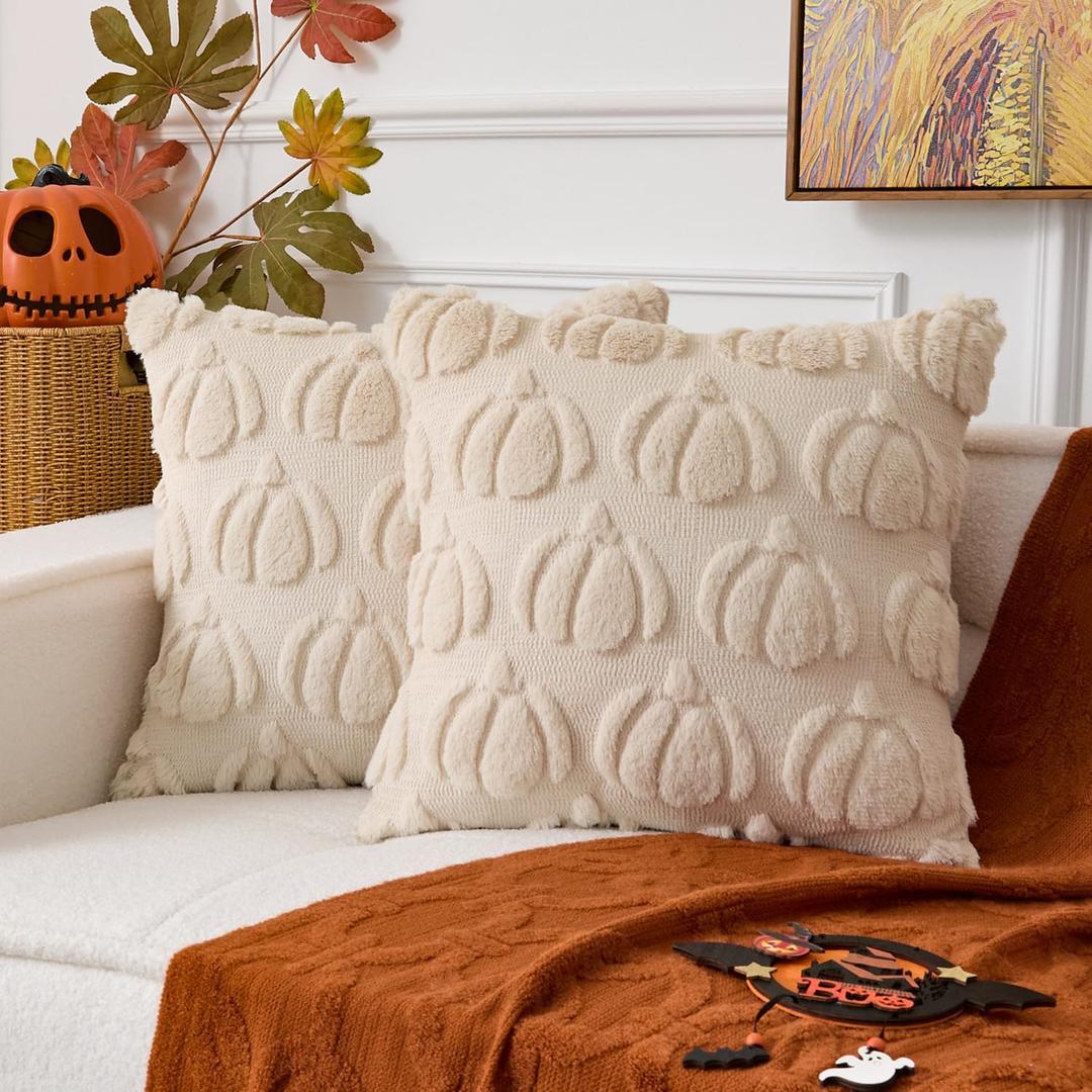 UGASA Fall Pumpkins Pillow Covers 16x16 Inch 2 Packs Soft Plush Faux Wool Fur Pillowcases Throw Pillows Autumn Halloween Home Decor for Couch Sofa Chair Bed, Beige