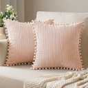 ANRODUO Pack of 2 Light Pink Fall Boho Decorative Pillow Covers with Pom-poms Pillow Covers 18x18 Corduroy Cushion Case Cute and Soft Square Throw Pillows for Bed Couch Sofa Living Room Decor Home