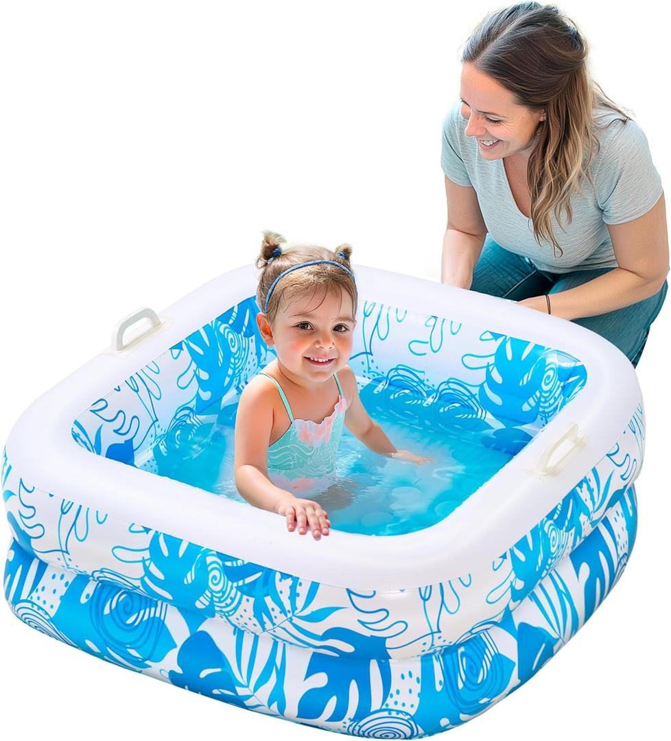 SLOOSH Inflatable Kiddie Pool for Kids, 32"x32"x8.5" Swimming Pool with Soft Pad for Kid & Toddler, Square Blow Up Baby Ball Play Pit Pools for Swim Party, Portable Indoor & Outdoor Water Toys (Blue)