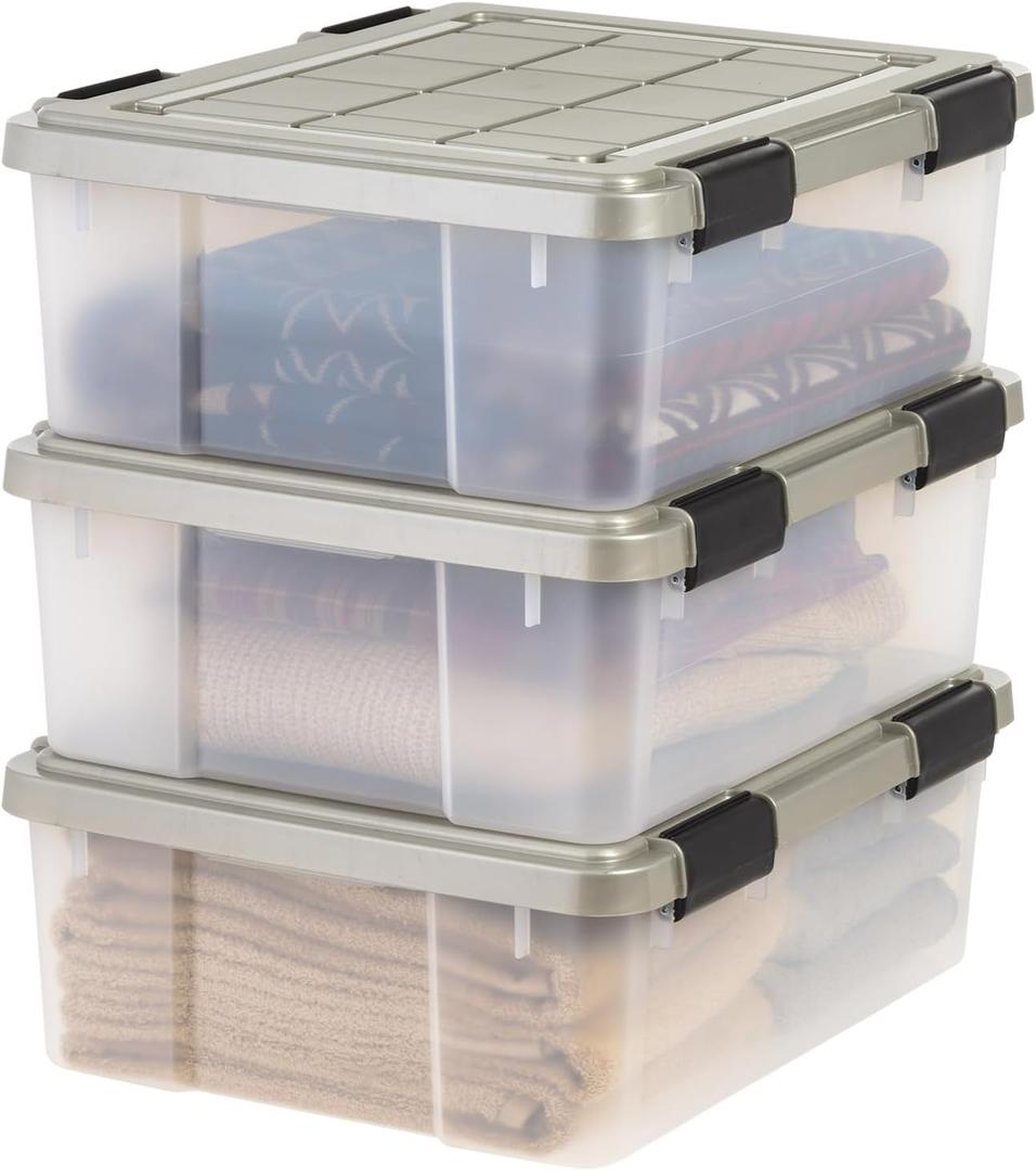 IRIS USA 27 Qt Storage Bins with Gasket Seal Lid, 3 Pack - BPA-Free, Heavy Duty Moving Containers Tight Latch, Weather Proof Tote, WEATHERPRO - Clear/Chrome