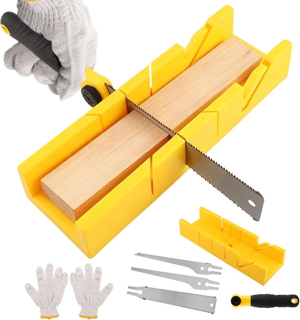 Miter Box and Saw Set, 4-Piece Japanese Hand Saw with 3 Replaceable Blades & Work Gloves for Precise 45/90/135 Cuts in Wood, Baseboard, PVC, Soft Metals