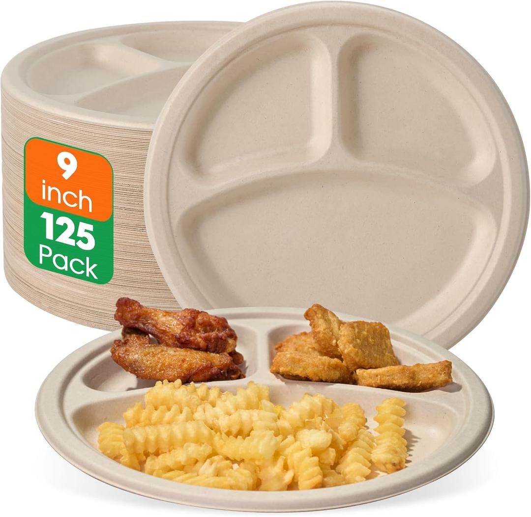 ECOLipak 125 Pack Compostable 3 Compartment Plates, 8.85 inch Heavy-Duty Disposable Paper Plates, Eco-Friendly Biodegradable Sugarcane Bagasse Divided Plates for Dinner (9inch Nature)