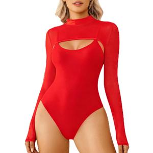 Avidlove Sexy Bodysuits for Women Turtle Neck Double Lined Bodysuit Mesh Trendy Tops Slimming Bodysuit Outfit Red M