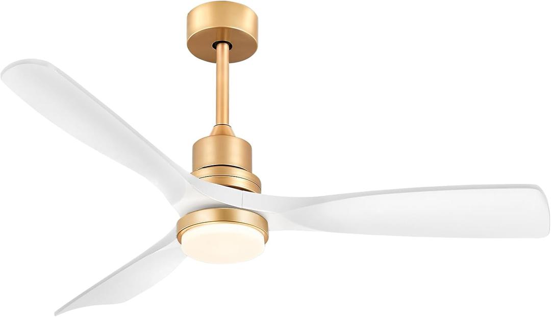 White and Gold Ceiling Fans with Lights and Remote, 52inch Modern Gold Ceiling Fan ETL Listed, 3 Down rods, 3 blades Gold Fan Reversible Quiet DC Motor, Timer,6-Speed for Outdoor Indoor,52in,White Gold