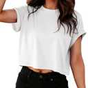 Crop Tops for Women Summer Short Sleeve Loose Fit T Shirts Casual Round Neck Rolled Basic Tees (White, M)