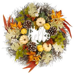 24 Inch Large Autumn Fall Wreath with Hello Sign Maples Leaf Pumpkin Pine Cone for Front Door Window Wall Porch Fireplace Home Decoration