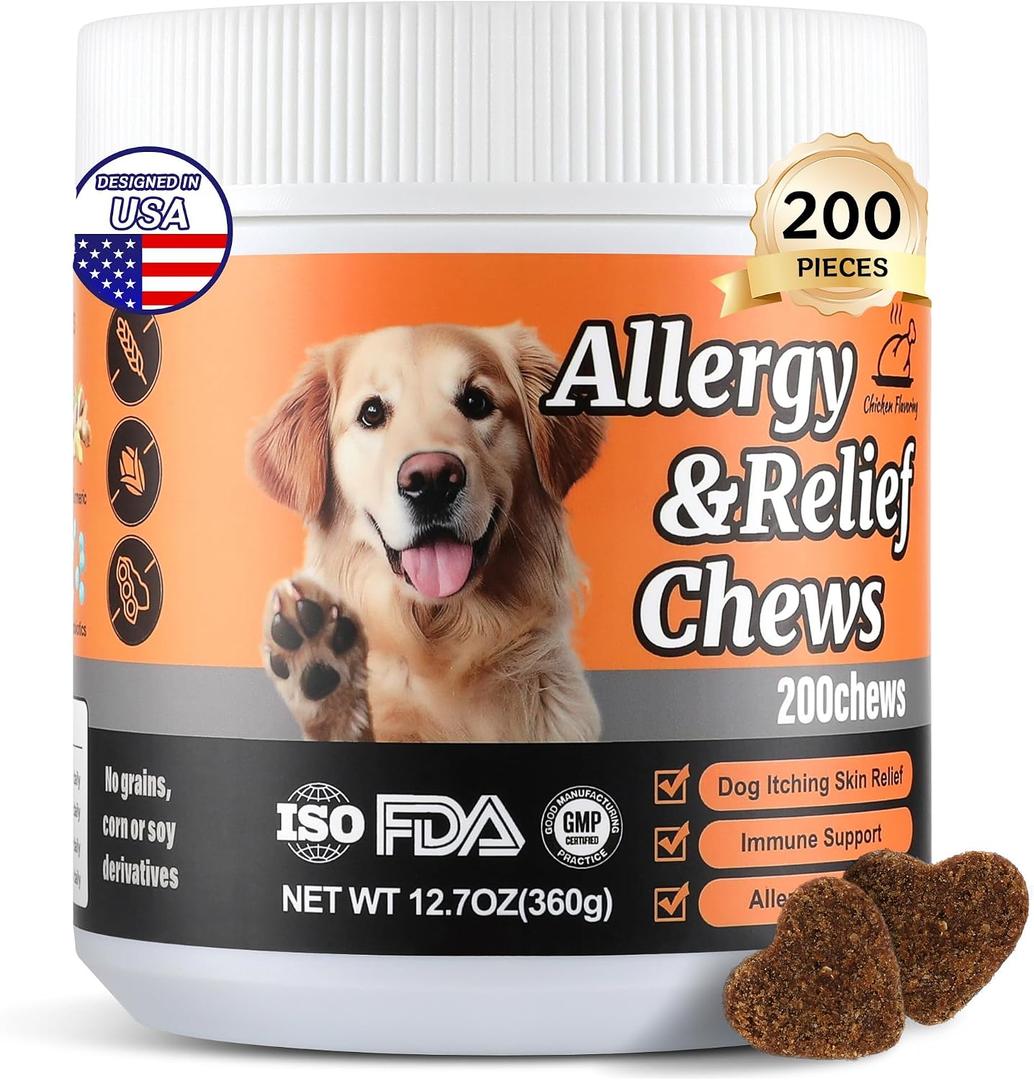 Dog Allergy Chews 200PCS Supports Skin & Coat Health Helps Reduce Mild Itching & Scratching Immune & Allergy Support with Probiotics & Borage Oil