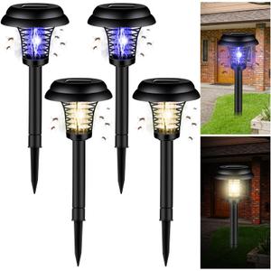 Qualirey 4 Pcs Solar Bug Zapper Waterproof Mosquito Zapper Killer and Lighting Repellent Lamp for Indoor Outdoor Use Garden Patio(Plastic,Black Exterior/Purple & Warm Light)