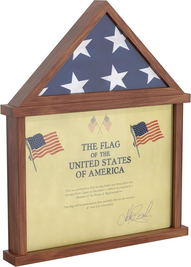 HBCY Creations Flag Display Case with Certificate Holder for 3' x 5' American Flag, Solid Wood with Glass Front with Wall Mount or Standing Display, Rustic Brown