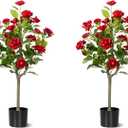 3FT Artificial Camellia Tree 2 Pack, Artificial Plants Outdoor Faux Floral Plant in Cement Pot Fake Silk Camellia Tree Plants for Home House Living Room Office Decor