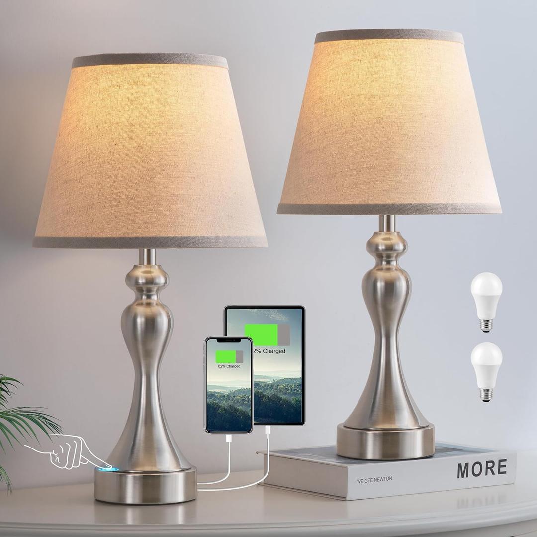 Seealle Touch Lamps for Night Stands - Bedside Lamps Set of 2, 3 Way Dimmable, USB C+A for Bedroom & End Tables (Oat&Nickel)