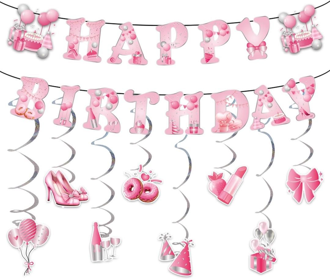 Silver Pink Bow Birthday Party Decorations,Birthday Party Supplies,Glitter Happy Birthday Banner,Silver Pink Bow Hanging Swirls Bow Themed Party Decor for Girls Women Shower Birthday Party Supplies