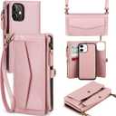 for iPhone 11 Wallet Case for Women, Support Wireless Charging with RFID Blocking Card Holder, Leather Zipper Detachable Magnetic Phone Case with Crossbody Strap Lanyard, Pink