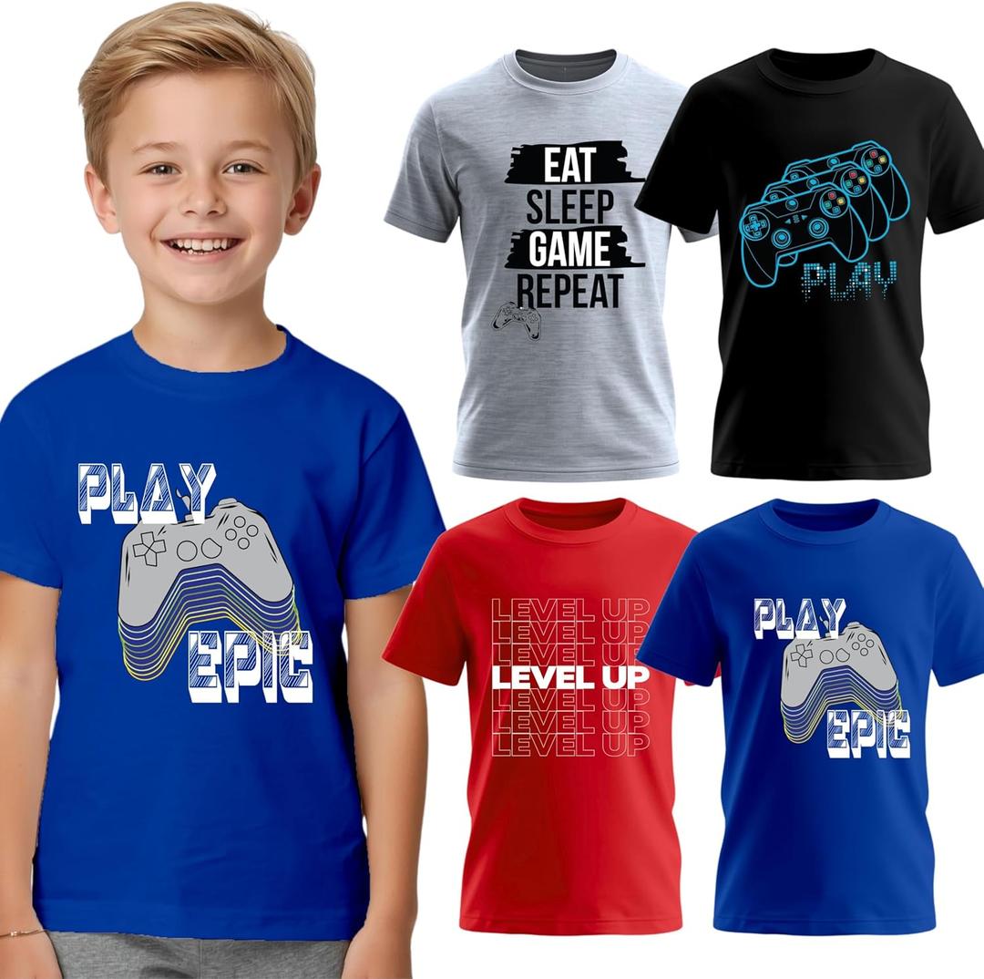 BROOKLYN VERTICAL 4-Pack Boys Short Sleeve Crew Neck T-Shirt with Chest Print | Soft Cotton Sizes 6-20 (Large, Grey, Black, Red, Blue)