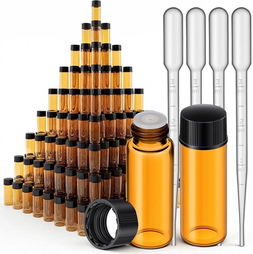 Caeuiciw 100 Packs 5 ml (1/6 oz) Mini Essential Oil Bottles with Caps, Amber Glass Empty Refillable Travel Glass Liquid Sample Vial Preservation Storage Vials Test Container-Rubber Stopper & Dropper