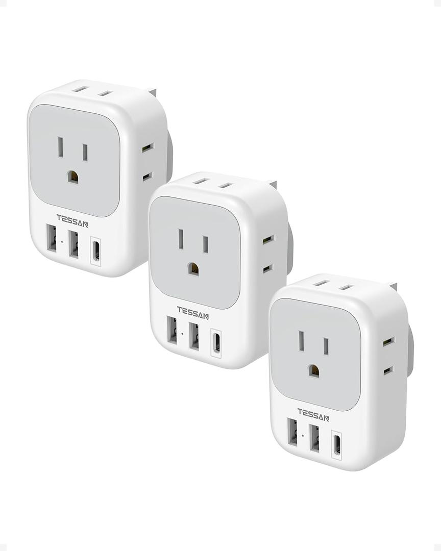 US to UK Plug Adapter 3 Pack, TESSAN Type G Adapter for Travel with 4 Outlets 3 USB Charger(1 USB C), Ireland Power Adaptor for USA to England London Scotland Dubai Singapore Hong Kong Qatar