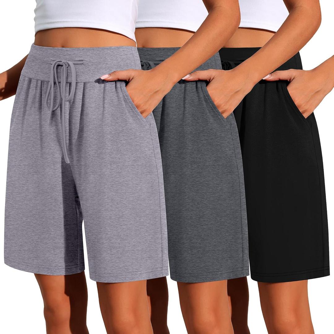 Neer 3 Pack Cotton Bermuda Shorts for Women Wide Leg High Waisted Drawstring Gym Shorts with Pocket (XX-Large, Black, Heather Dark Gray, Heather Light Gray)