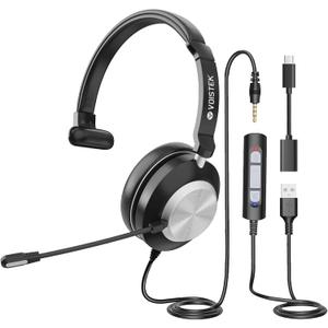 Voistek USB Headset with Microphone for PC, Wired Work Headset (One Ear) Computer Headphones with Noise Cancelling Mic, Mute, Volume Controls for Office Call Center Home Work Skype Zoom Team Meetings