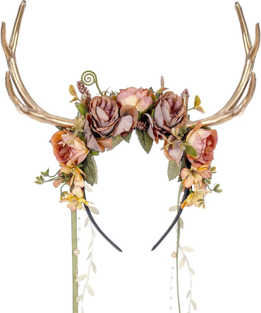 MOSTORY Woodland Flower Antler Headband - Fairy Reindeer Headpiece with Vines for Renaissance Accessories Women Cosplay