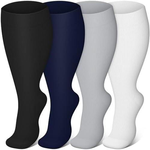 Blisset 4 Pairs Plus Size Compression Socks for Women & Men, Wide Calf for Circulation, Running, Nurse, Pregnant, 2XL