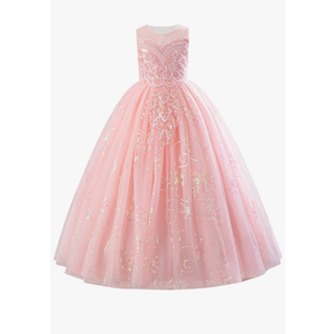 IDOPIP Sequin Appliques Flower Girl Dress for Kids Wedding Pageant Party Long Gown Princess Birthday Communion Tulle Dresses 9-10Y