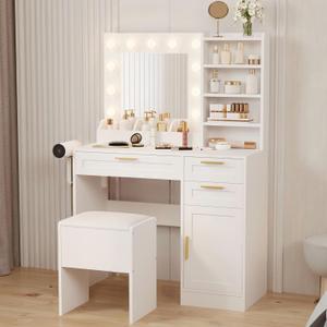 Vanity Mirror with Lights Desk and Chair, 37" Vanity Desk with Mirror and Lights, Makeup Vanity Desk with Padded Stool, 3 Color Lighting Modes, Power Outlet, White Makeup Vanity Set for Bedroom