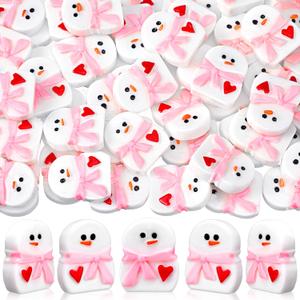 60 Pcs Valentines Mini Snowman Figurines with Pink Scarf Tiny Resin Snowman Miniatures Figures Romantic Shelf Decor for Valentines Winter Crafts Landscape Garden Cake Topper DIY Gift