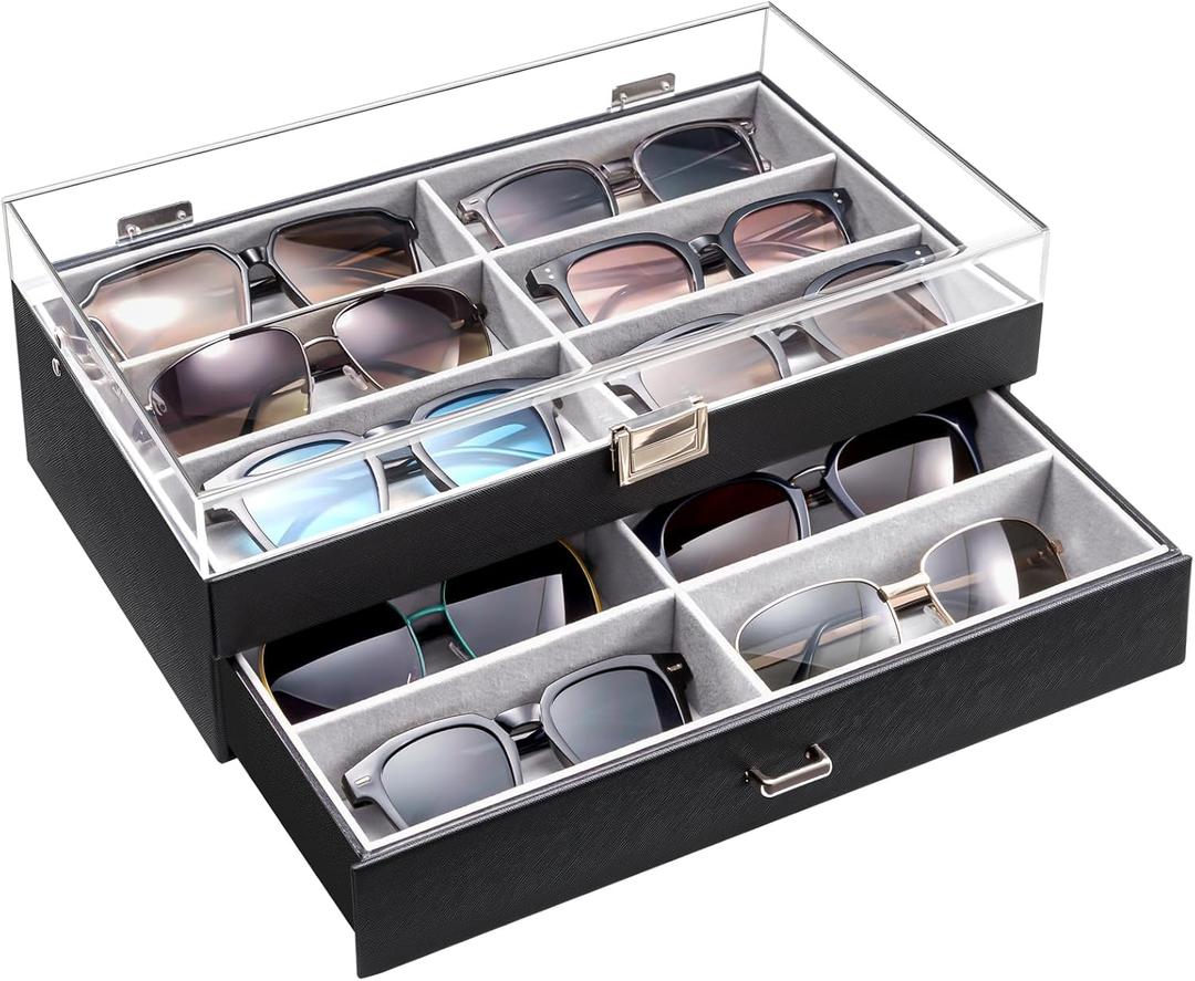 ProCase 12 Slots Acrylic Clear Top Sunglass Organizer, 2 Layers Eyeglasses Case Multi Pairs Storage Eyewear Display Holder with Transparent Lid and Drawer -Black