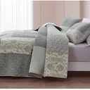 Chezmoi Collection Cooper 2-Piece Muted Gray White Ivory Floral Plaid Patchwork Quilt Set - Pre-Washed Cotton Quilted Lightweight Reversible Bedspread for All Seasons, Twin Size