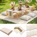 Beeveer Extra Large Outdoor Boho Picnic Blanket 91'' x 71'' Beige White Table Runner 6 Throw Pillow Cover Woven Cotton Yarn Oversize Beach Blanket Washable for Picnic Camp Wedding