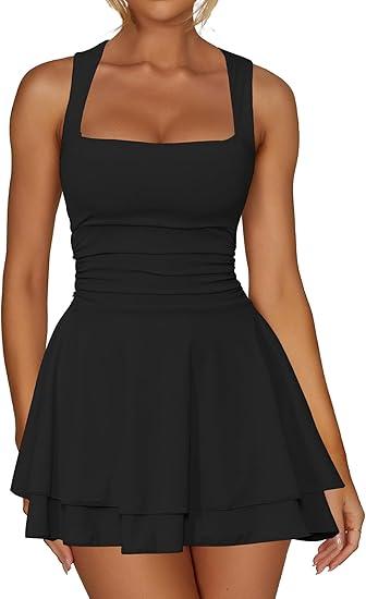 Kaximil Women's Square Neck Ruffle Hem Mini Dress Ruched Waist Long Sleeve Corset Short Party Dresses, Size L