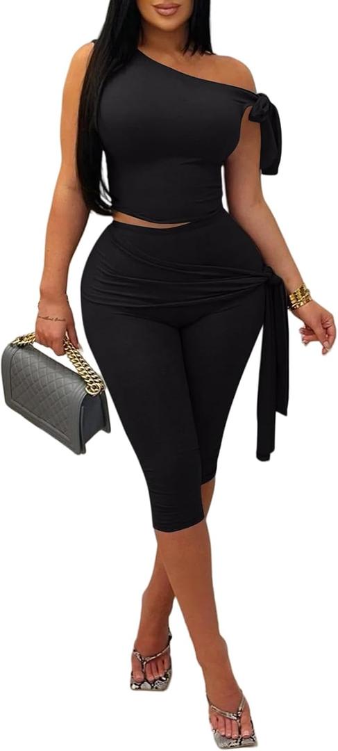 XZLUFNY Women's 2 Piece Pant Sets Sexy One Shoulder Sleeveless Crop Top Bodycon Capris Pants Sets (Medium, Black)
