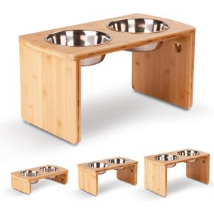Elevated Dog Bowls, Bamboo Raised Dog Bowl for Large Dogs & Medium Dogs, with 2 Stainless Steel Bowls (10'' Tall48 oz Bowl)