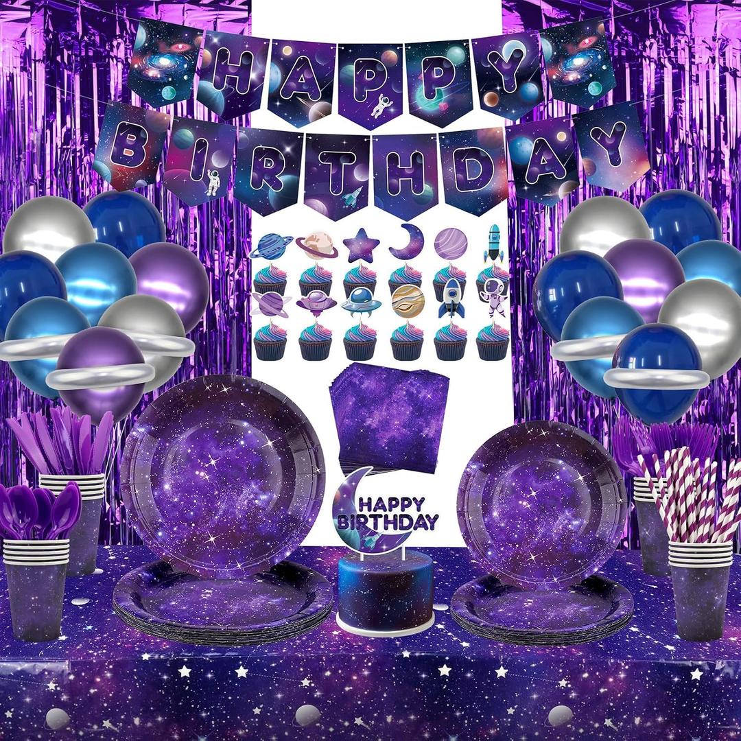 Galaxy Theme Party Decorations, Space Galaxy Happy Birthday Banner, Balloons, Tablecloth, Cupcake Toppers, Foil Curtains, Plates, Cups, Napkins, Galaxy Outer Space Birthday Party Supplies, Serves 20