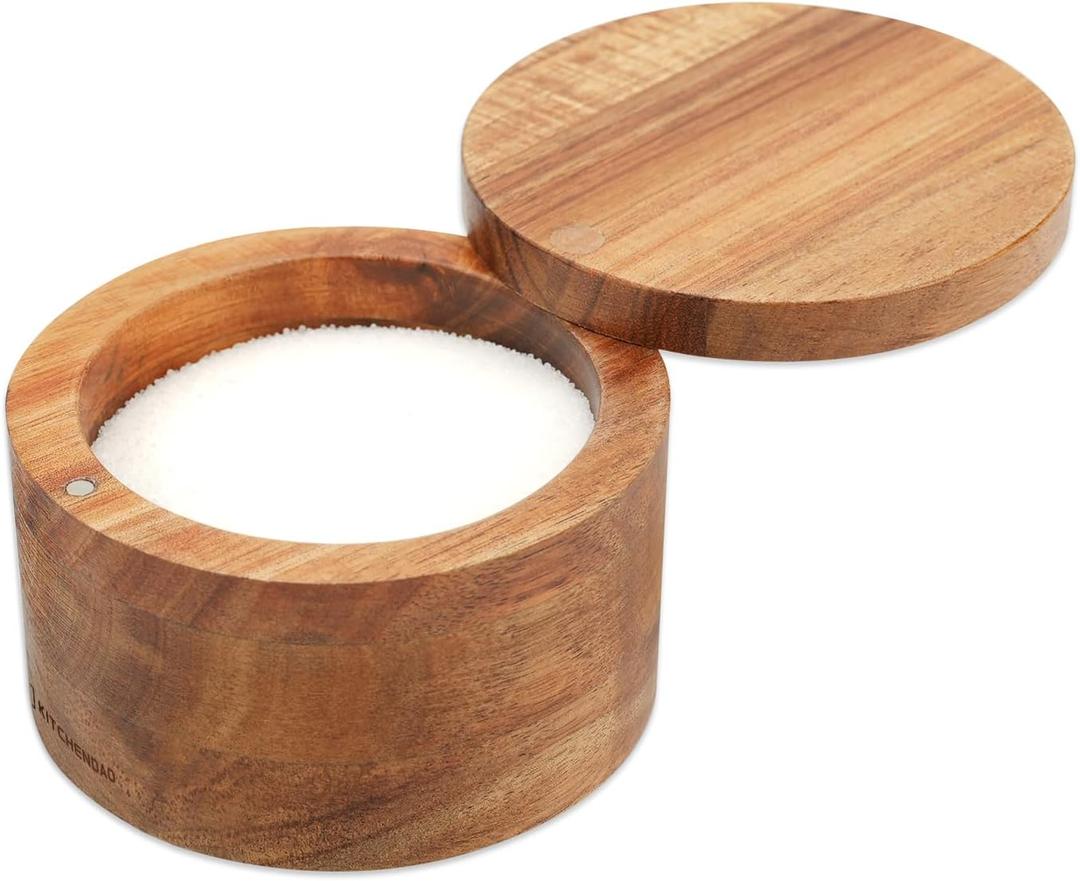 KITCHENDAO Acacia Wood Salt Cellar Bowl Box, Elegant Kitchen Holder Container with Swivel Magnetic Lid to Store Favorite Seasonings Pepper Spice or Bath, 6oz (Acacia(No Spoon))