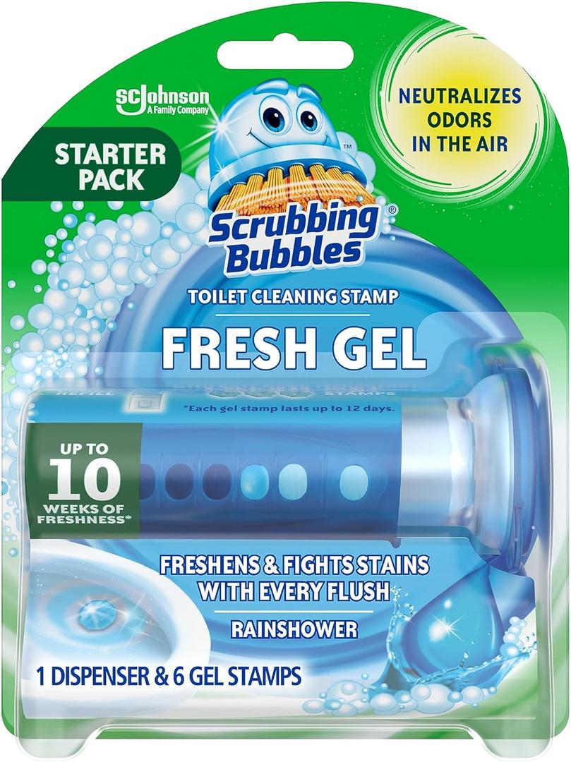 Scrubbing Bubbles Fresh Gel Toilet Bowl Cleaning Stamps, Helps Keep Toilet Clean and Helps Prevent Limescale & Rings, Rainshower Scent, 1 Dispenser with 6 Fresh Gel Stamps (1.34 Ounce (Pack of 1))