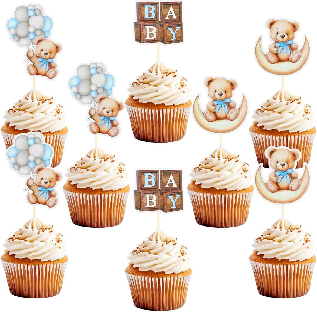 24 PCS Bear Cupcake Toppers, Baby Shower Baby Bear Cake Decorations Little Bear Cupcake Topper for Bear Theme Baby Shower Birthday Supplies (Blue) (Blue)