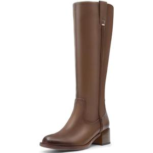 Knee High Boots for Women Chunky Heel Round Toe Leather Patent Boots Low Block Heel Tall Boots With Side Zipper (Size 8, Khaki)