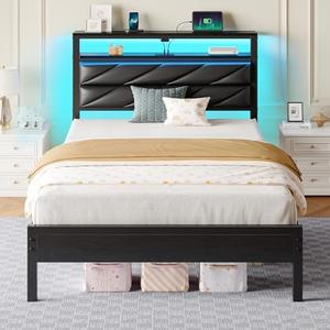 Seventable Twin Bed Frame with Charging Station & LED Lights, Upholstered Headboard with 2-Tier Storage Shelves, Metal Platform with Under Bed Storage, No Box Spring Needed, Easy Assembly, Black