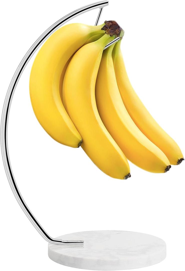 Livabber Banana Holder with Marble Base, Metal Banana Hanger Modern Tree Stand with Hook, Stylish Banana Keeper Fresh Fruit Storage Organizer Freestanding for Kitchen Countertop (Chrome, Single Hook)