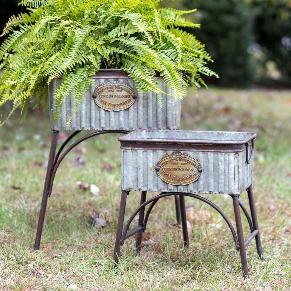 Galvanized Steel Garden Flower Planters with Stands Poland Set of 2